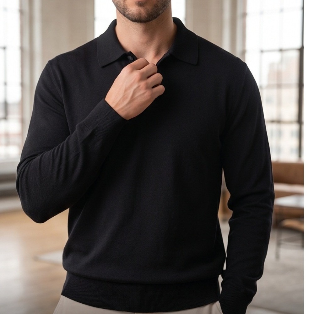 Bernini Mens XL Wool Cashmere Silk Long Sleeve Polo Sweater Black Made‎ in Italy